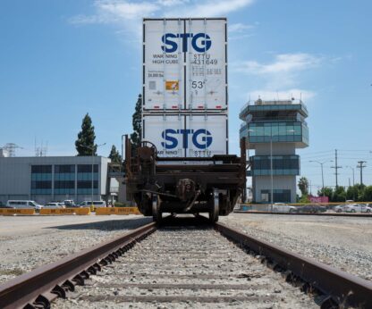 Back of a train with trailers.