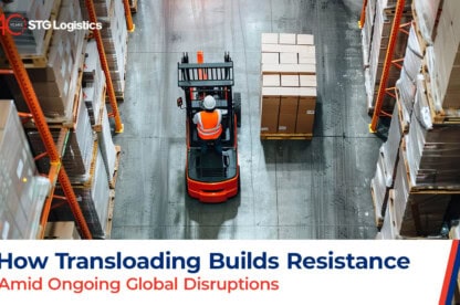 Forklift operator moving pallets in a warehouse – STG Logistics transloading services for supply chain resilience amid global disruptions.