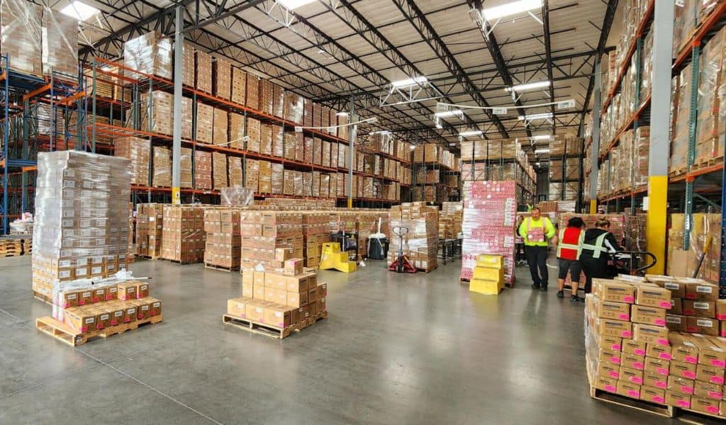 Container freight station with pallets of cargo.