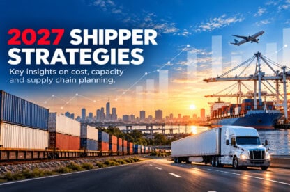 2027 shipper strategies graphic showing a freight train, truck, cargo ship and airplane, with insights on cost, capacity and supply chain planning.